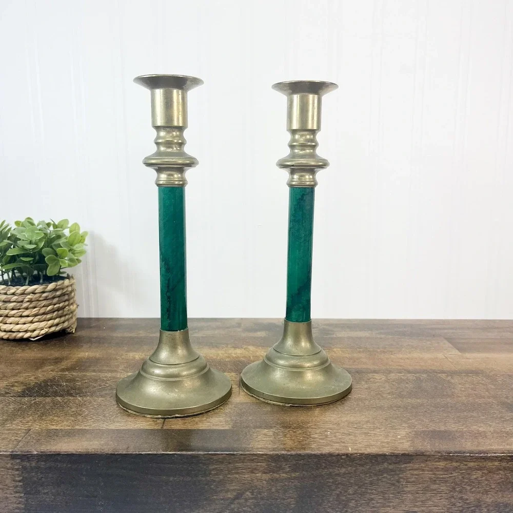 Vintage Green &‎ Brass Candlestick Set - Mid-Century Modern Decor